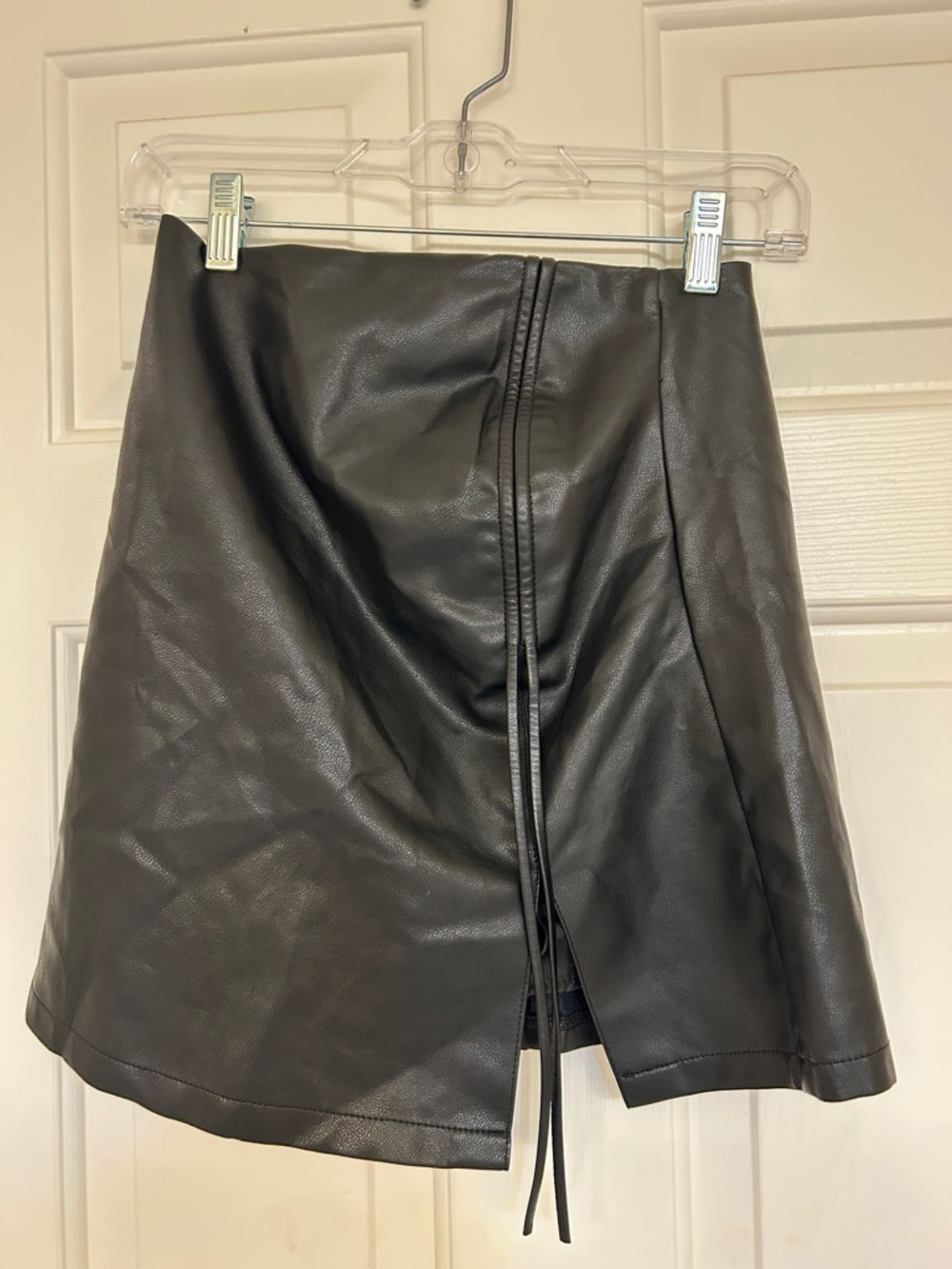 Sleek A-Line Black Faux Leather Mini Skirt  Front Tie Detail & Shorts Liner SM